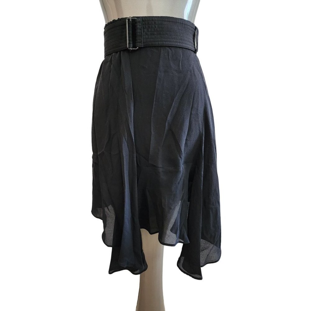 A.L.C. Belted Black Silk Skirt Ruffle Asemmetrical Solid Ruched ALC 0